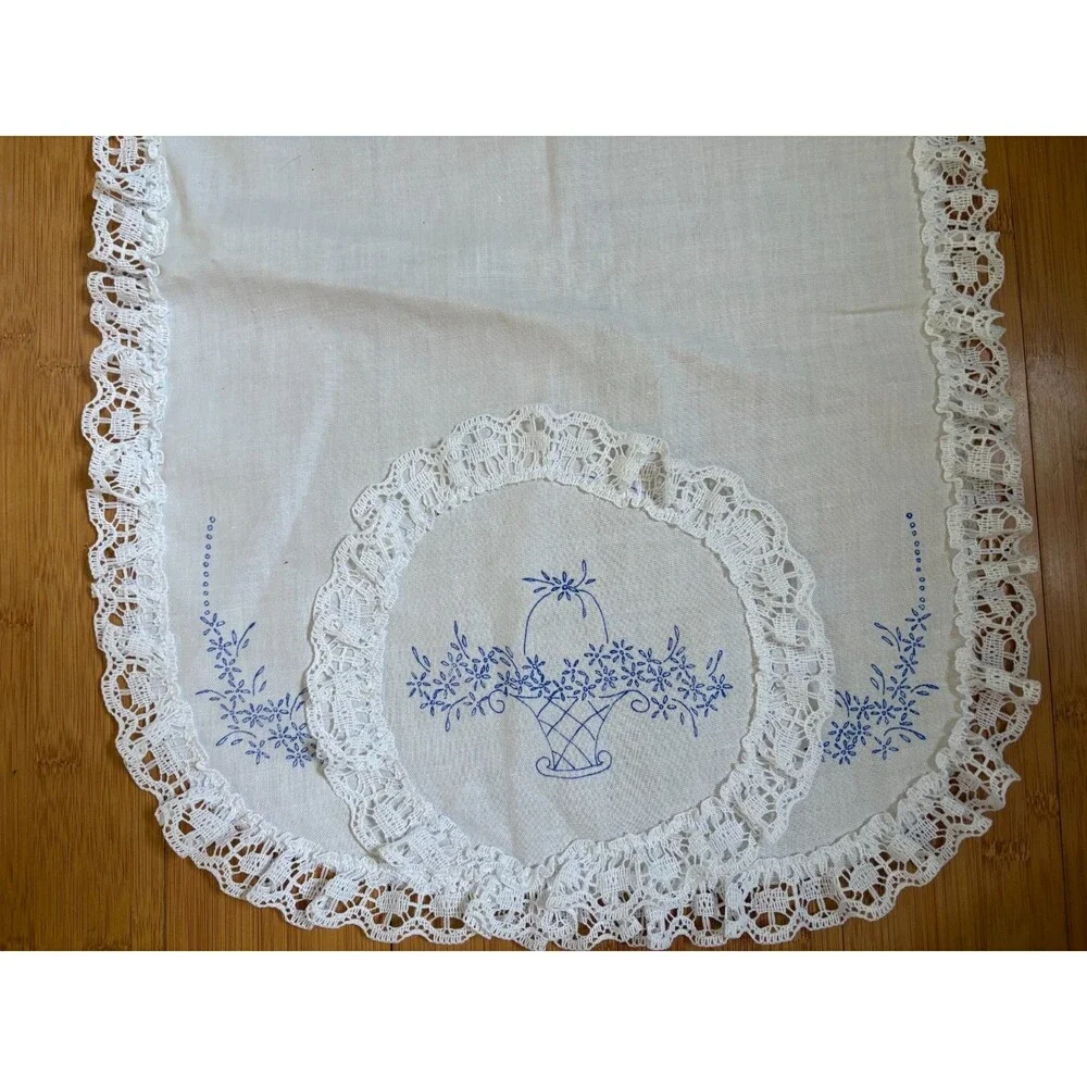Vintage Embroidered Linen Set Runner Pillowcases Doily White Floral Basket